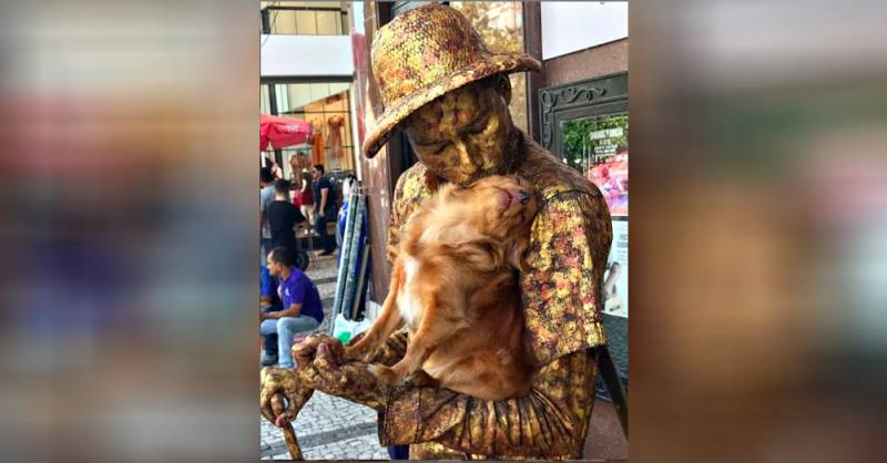 Pup plays along with a statue street artist and they go viral